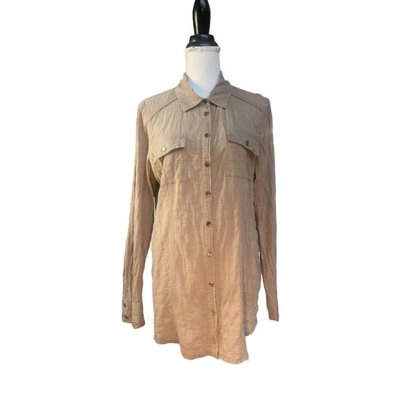 threads Saks Fifth Avenue Tan Crinkle Button-Front Shirt Dress – Size L - Picture 10 of 16
